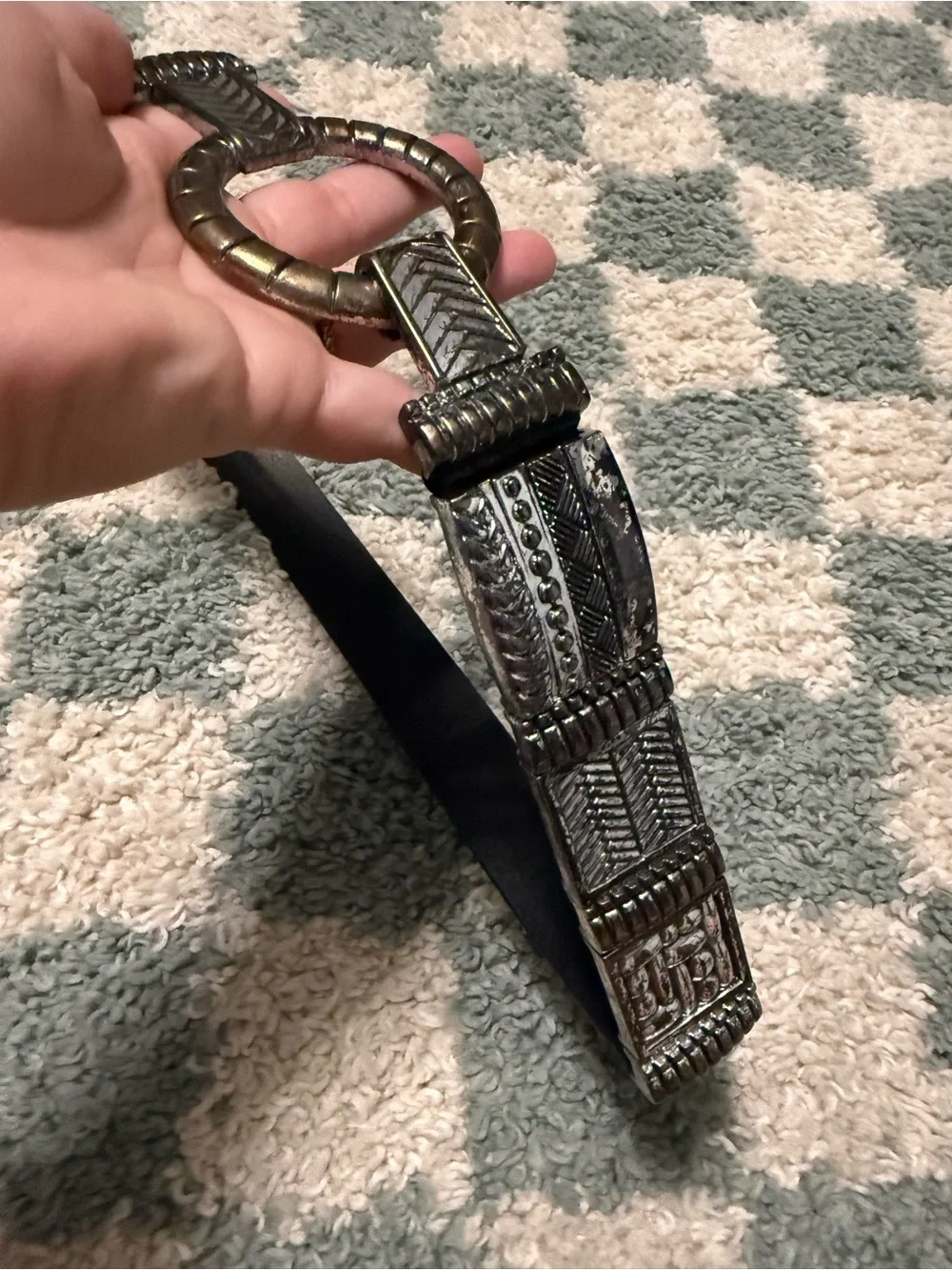Chico’s black leather women’s belt silver tone links southwestern western Medium